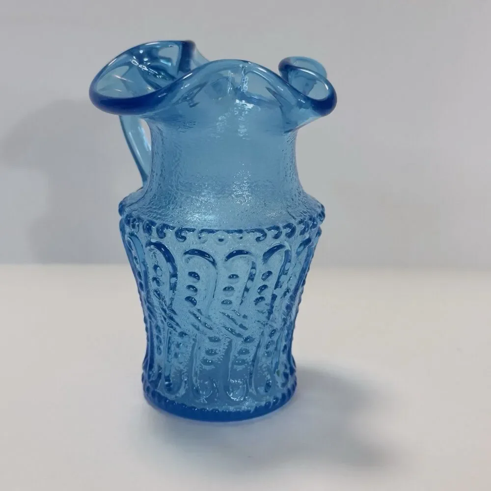 Pitcher Jug Kanawha Ice Colonial Blue Glass Mini UV Raised Loop Swirl Dots Wavy